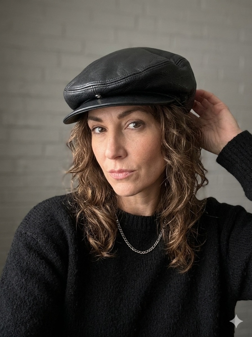 Vintage A. Adams & Spire Black Leather Newsboy Cabbie Cap Size M Made in USA⁠